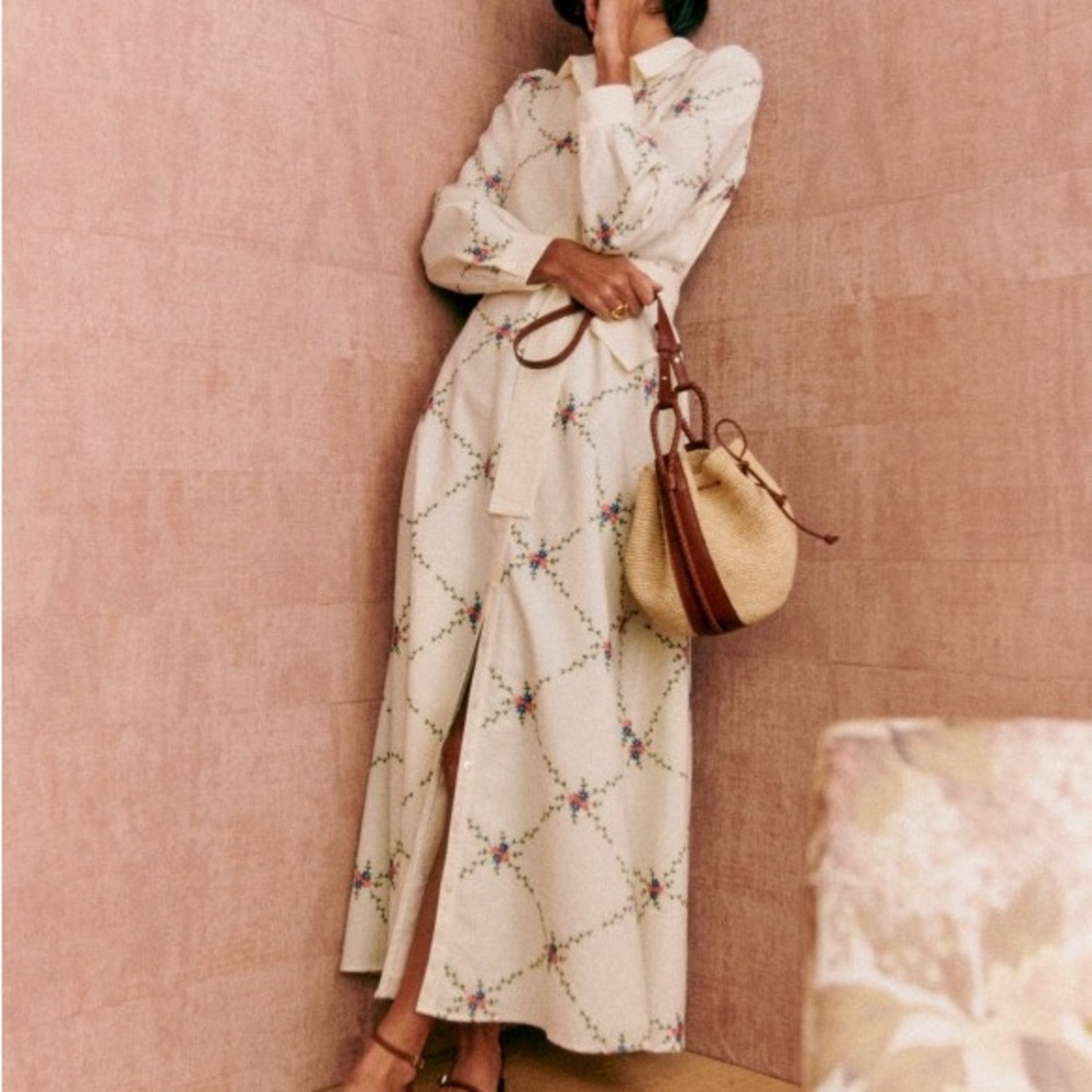 Sezane Bella Dress Ecru Floral Border Size 44/Size 12